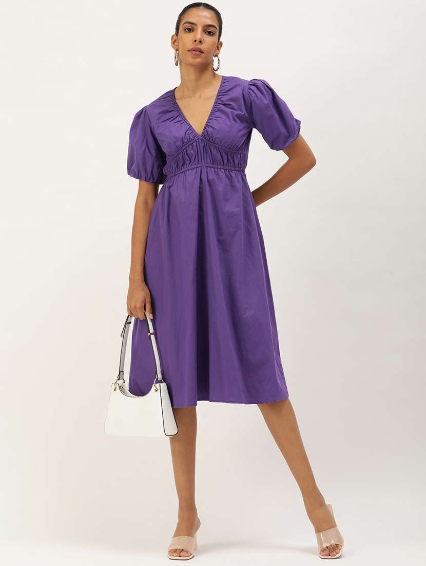 Purple Cotton Blend Fit & Flare Dress