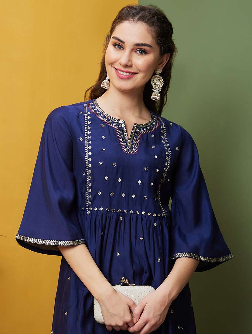 Women Navy Blue Notch Neck A Line Kurta