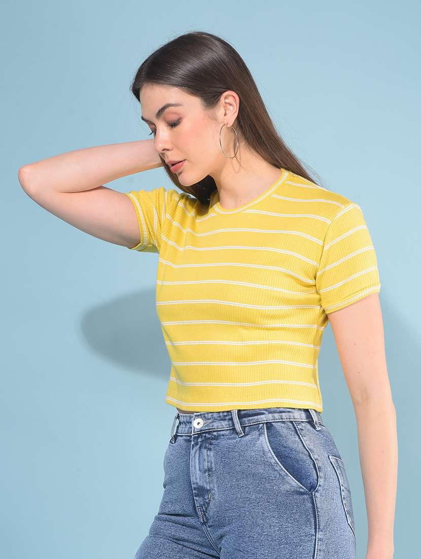 Women Striped Round Neck Crop Top