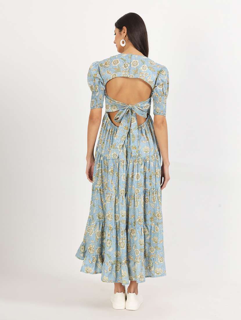 Women Light Blue Florals Printed Tiered Dress
