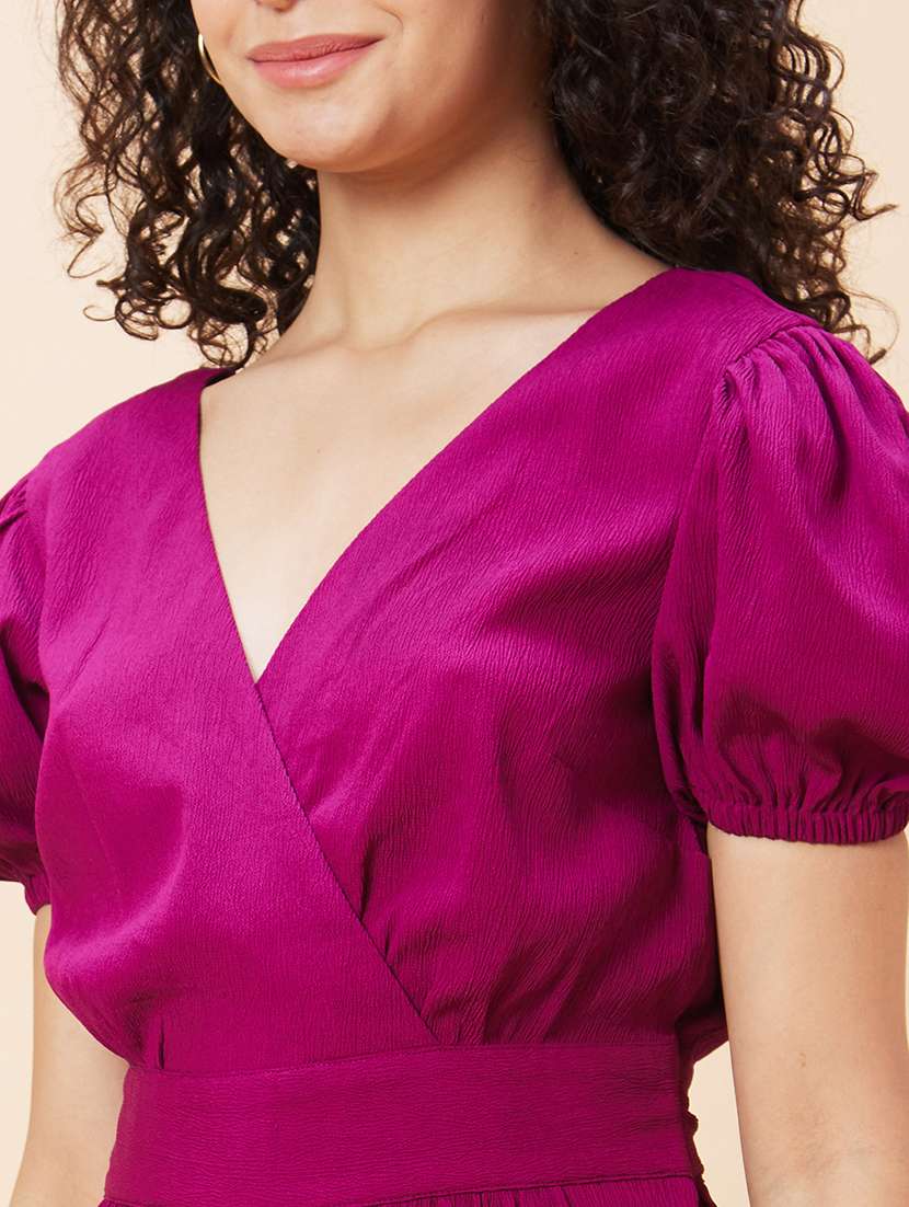 Globus Women Purple Wrap Neck Puff Sleeves Back Waist Tie Up Long Jumpsuit