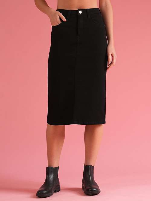 Globus Women Black Back Slit Denim Pencil Skirt