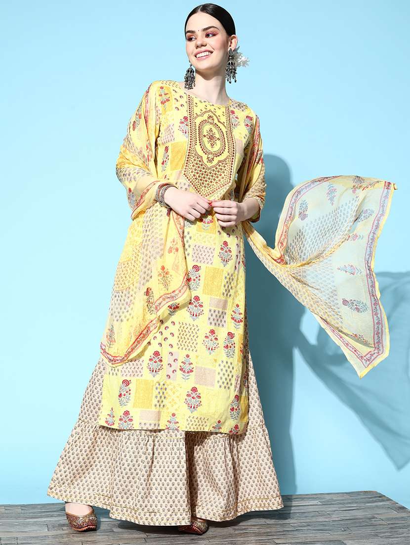Women Yellow Kurta Sharara Set With Dupatta