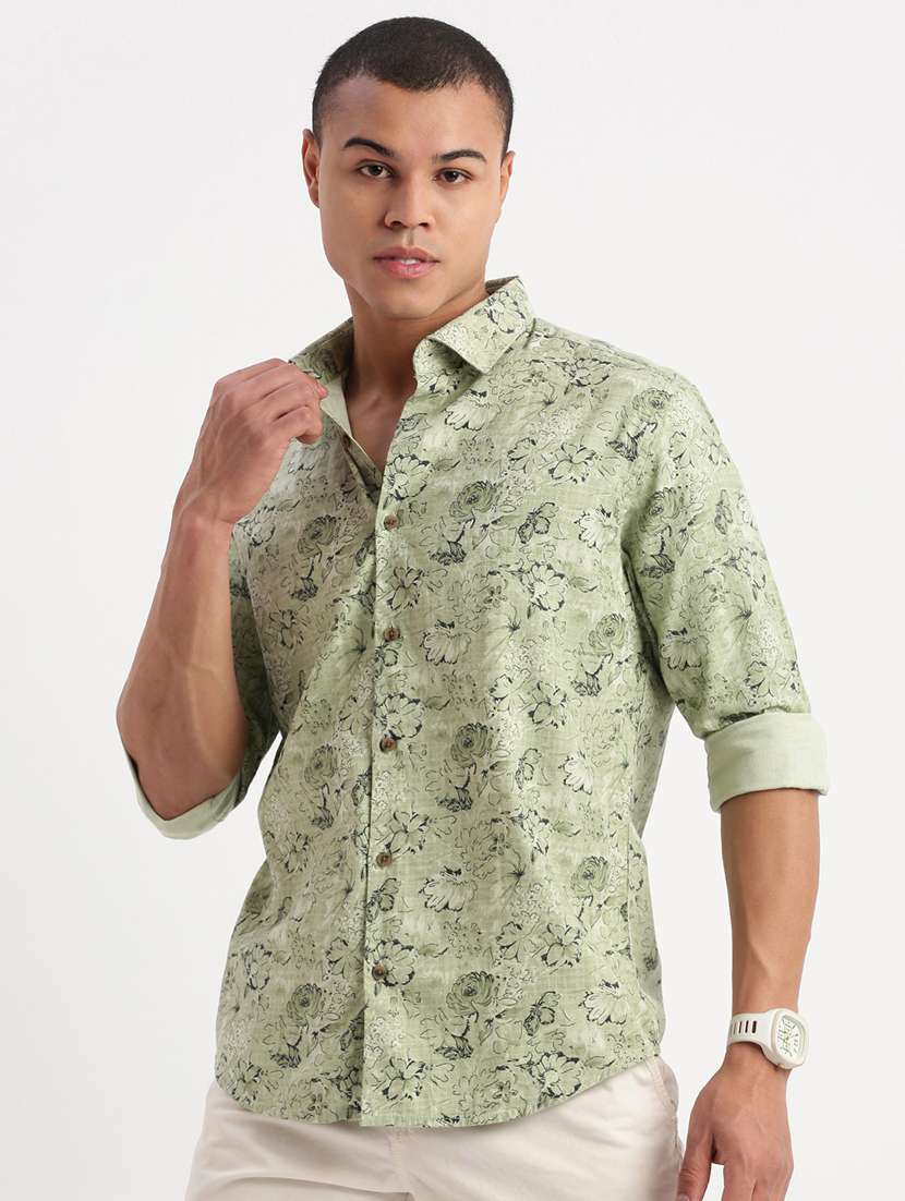 Men Neo Mint Regular Fit Floral Printed Casual Shirt