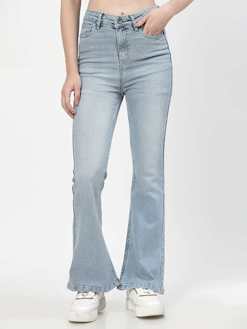 Solid Blue Cotton Bootcut Jeans