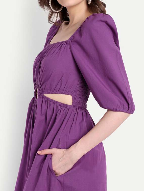 Purple Cotton Blend A Line Dress