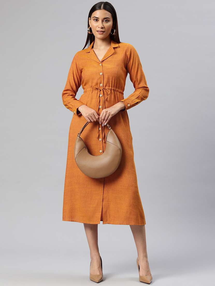 Women Solid Collared Button Down Shirt Dress