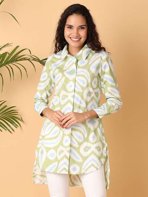 Women Printed Shirt Collar Neck High Low Kurti