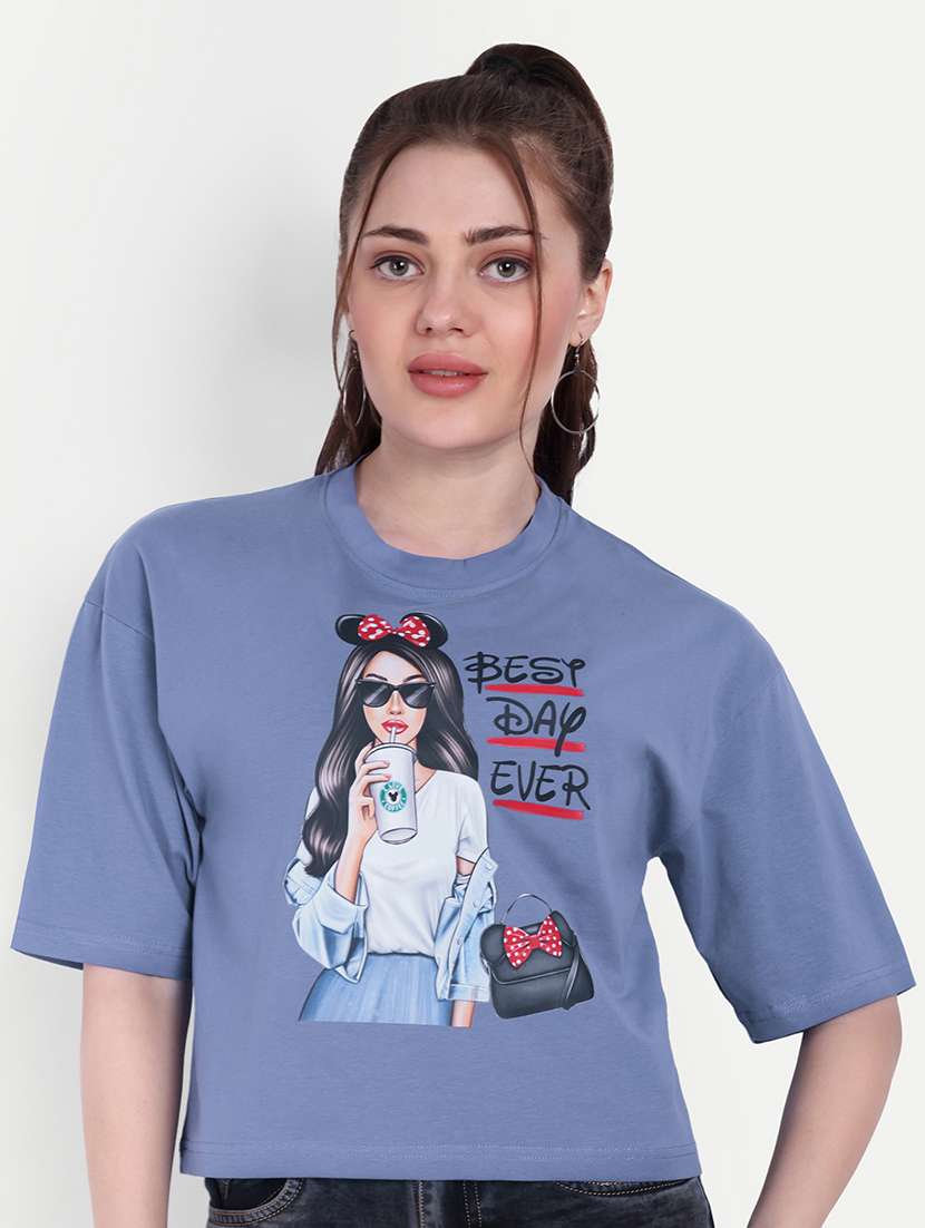 Women Round Neck Front Print Boxy T Shirt