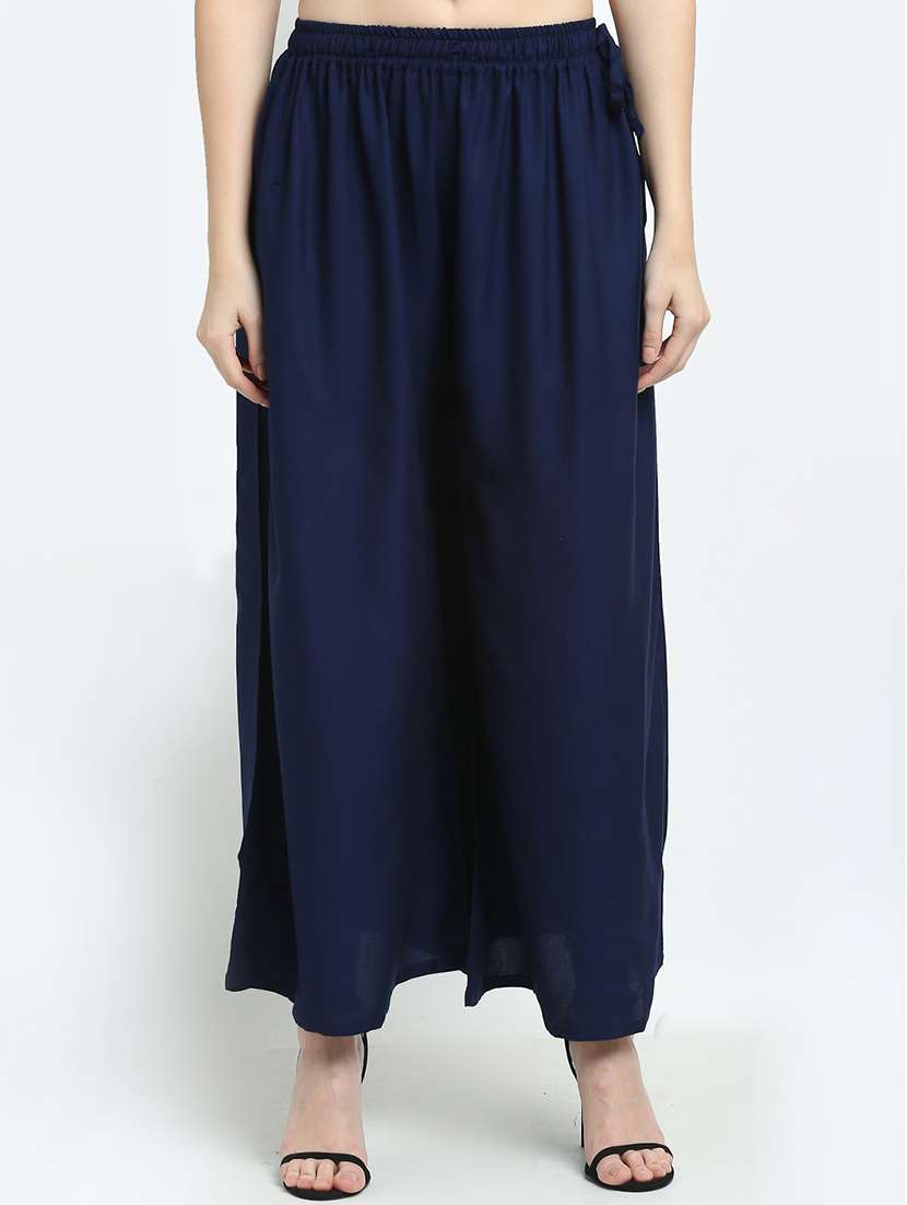 Women Navy Blue Rayon Pocket Palazzo