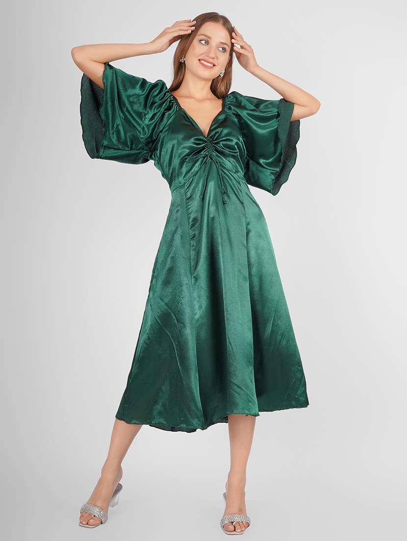 Women Bottle Green Satin A Line Dress