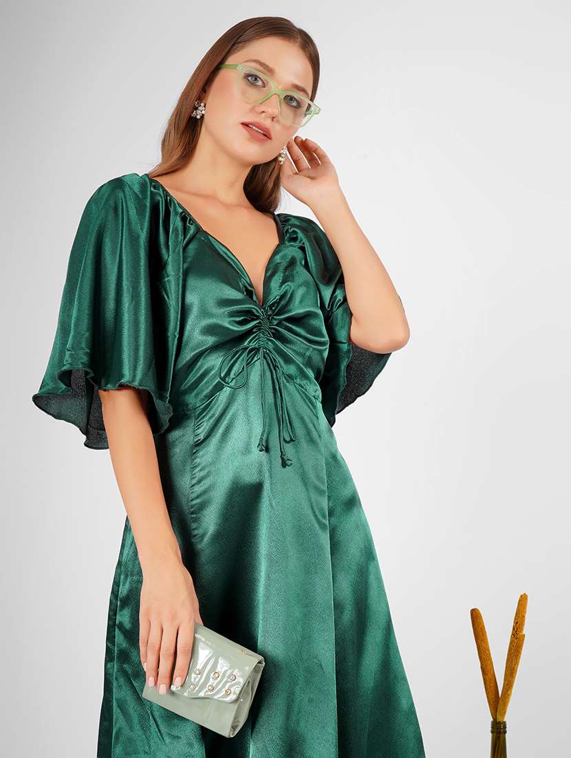 Women Bottle Green Satin A Line Dress