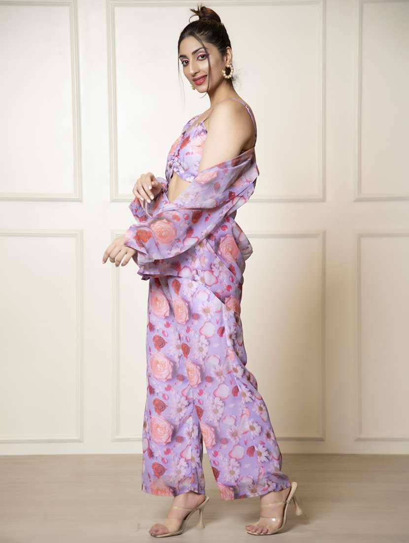 Women Purple Floral Printed Top And Palazzos Co Ord Set