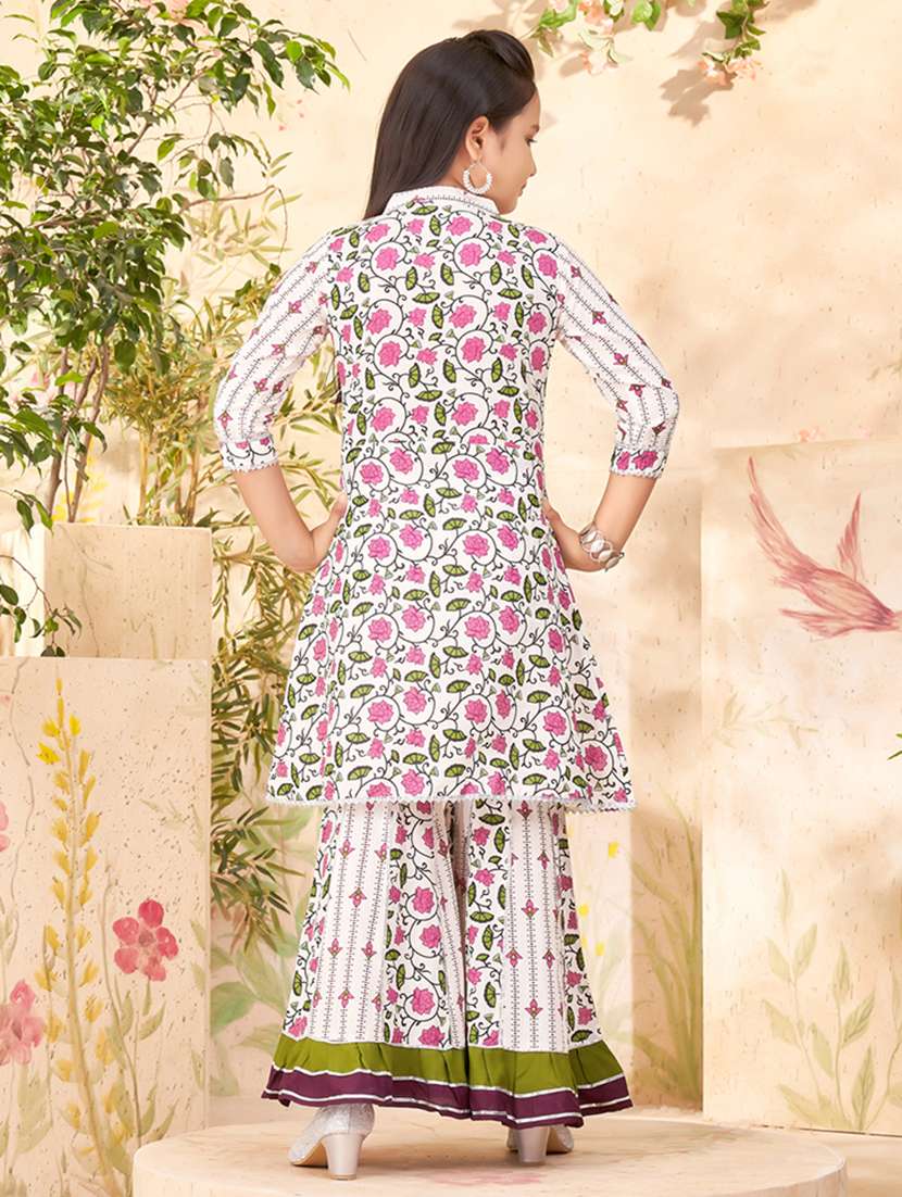 Girls White Cotton Kurta Sharara Suit Set