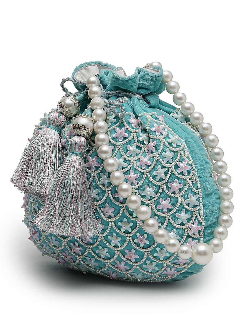 Light Blue Embroidered Silk Potli