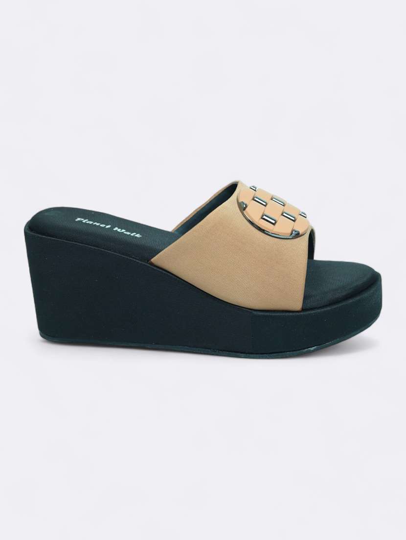 A Pair Of Black And Grey Coloured Open Toe Wedge Heel.