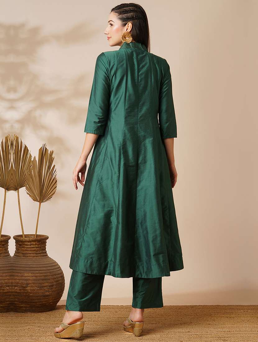 Globus Women Green V Neck Gold Zari Embroidered Panelled Anarkali Kurta With Elasticated Wide Leg Pants Festive Set