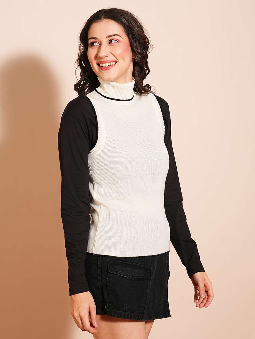Globus Women Off White & Black Tipping Turtle Neck Ribbed Vest Style Sweater 