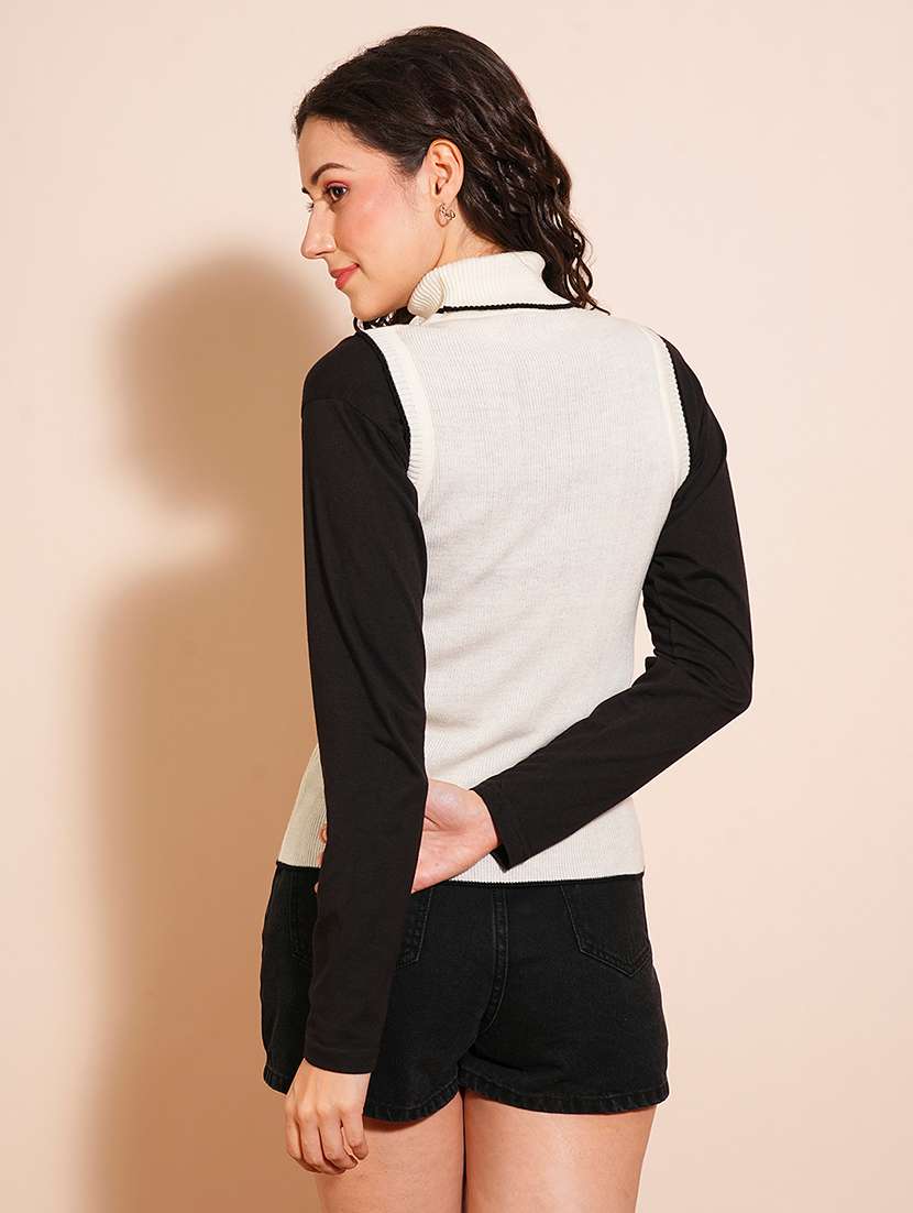 Globus Women Off White & Black Tipping Turtle Neck Ribbed Vest Style Sweater 