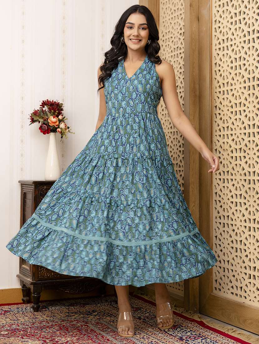 Women Teal Printed V Neck Tiered Dress