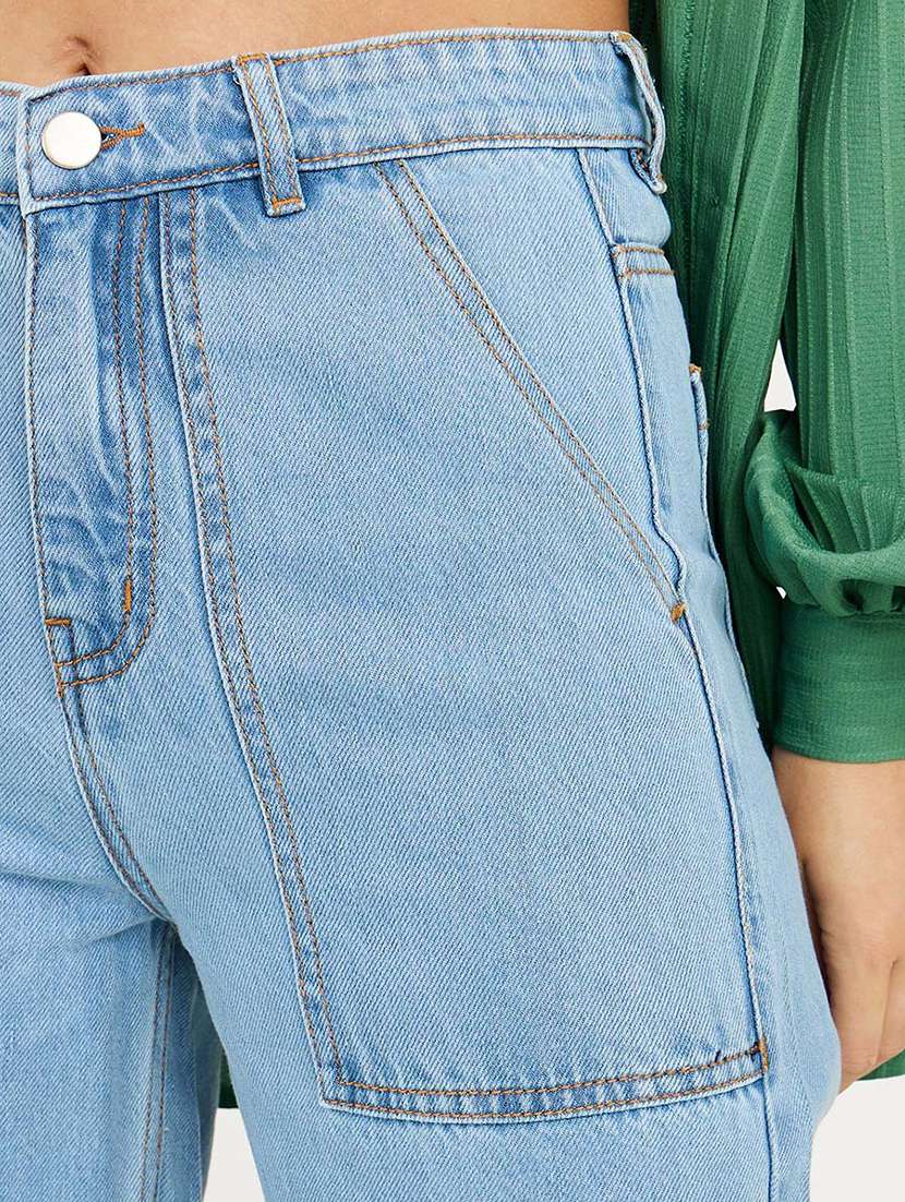 Women Blue Plain Wide Leg Jean