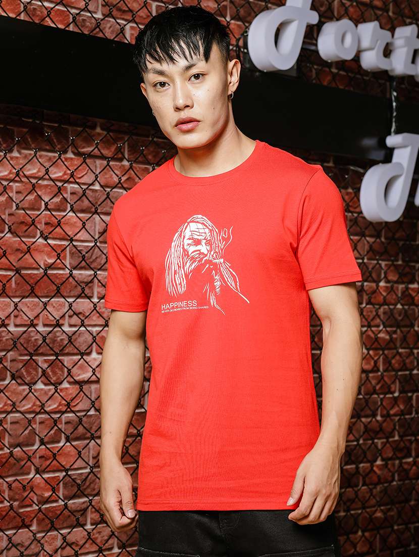 Men Chest Print Round Neck T Shirt