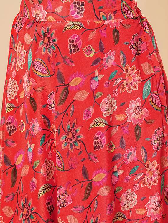 Globus Women Red Floral Printed Halter Neck Tassel Detailing Crop Top & Partially Elasticated Flared Maxi Fusion Co Ord Set