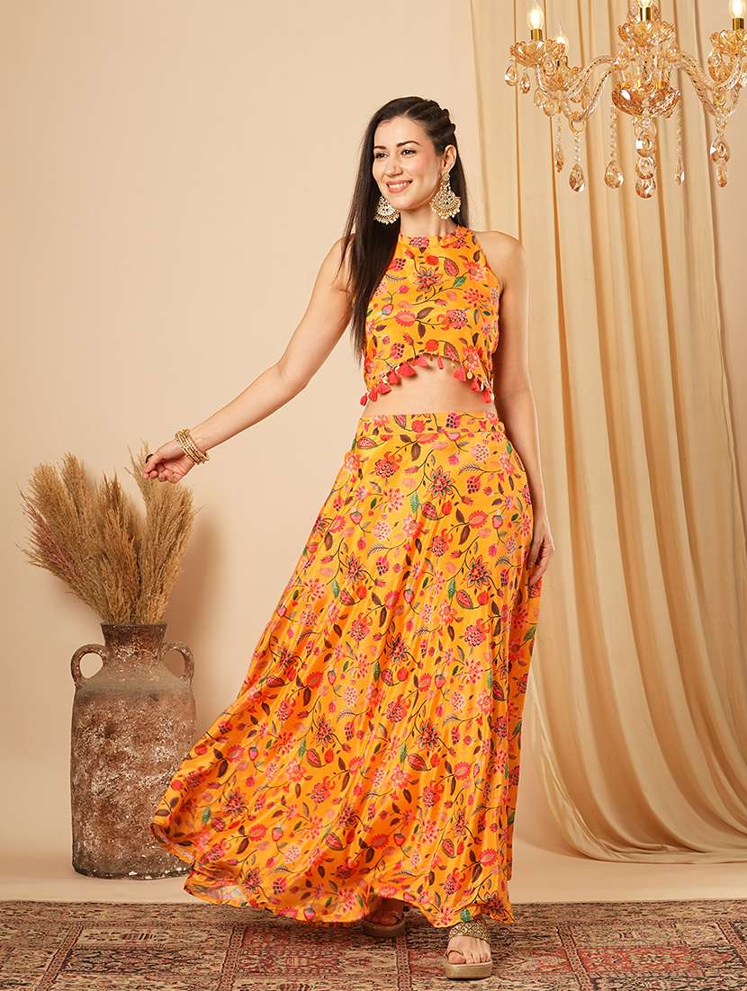 Globus Women Yellow Floral Printed Halter Neck Tassel Detailing Crop Top & Partially Elasticated Flared Maxi Fusion Co Ord Set