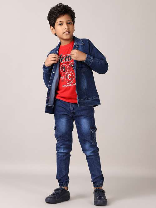 boys printed t-shirt & jeans with jacket