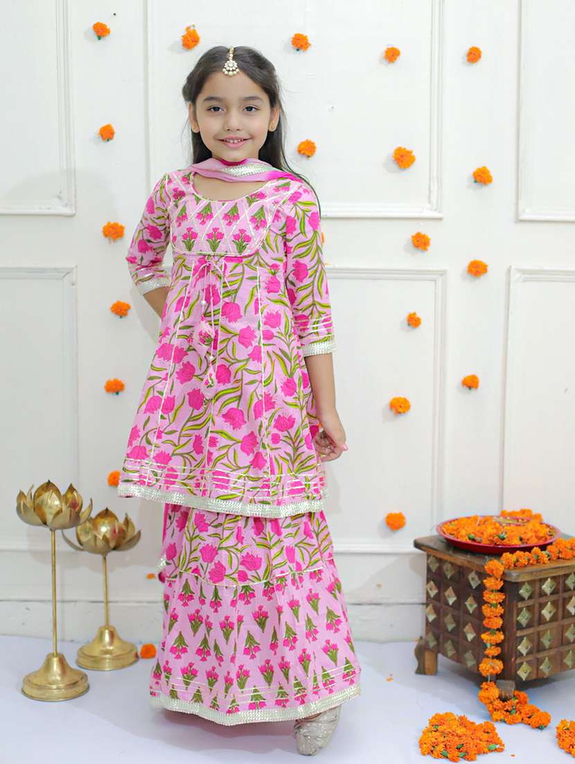 Girls Floral Printed Kurta Sharara Set With Dupatta