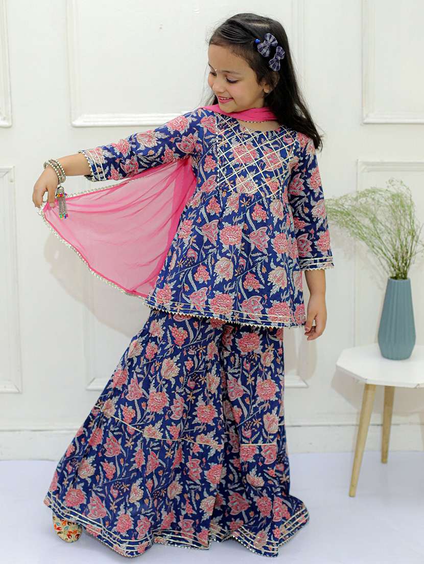Girls Floral Printed Kurta Sharara Set With Dupatta