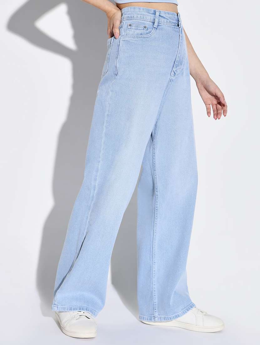 Women Solid High Rise Wide Leg Jean