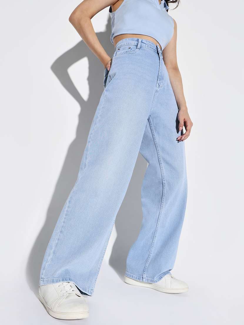 Women Solid High Rise Wide Leg Jean