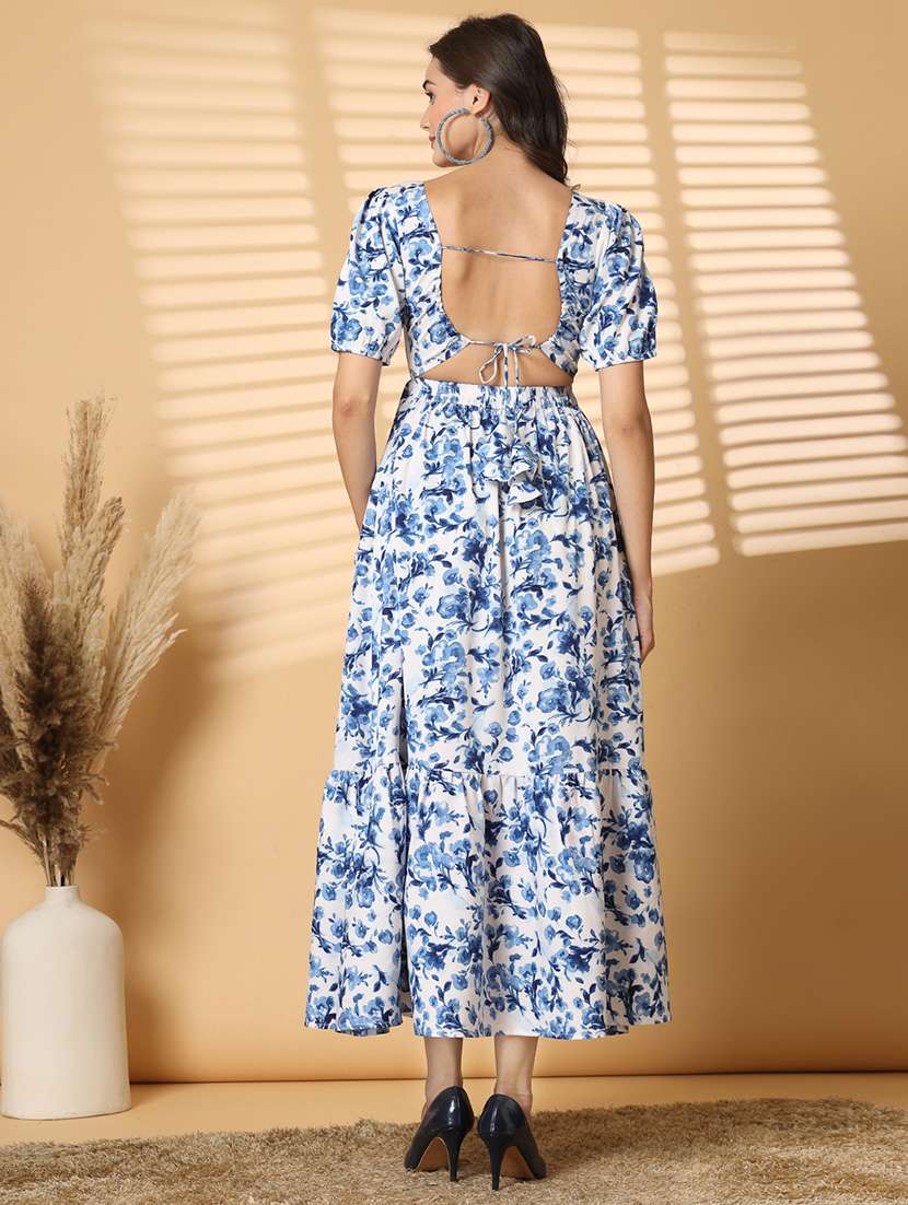 Women Square Neck Floral Printed Tiered Dress