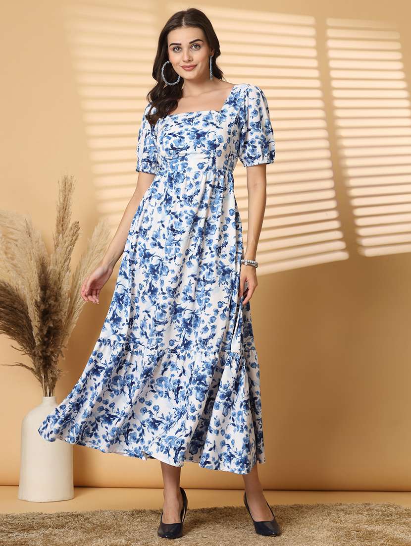 Women Square Neck Floral Printed Tiered Dress