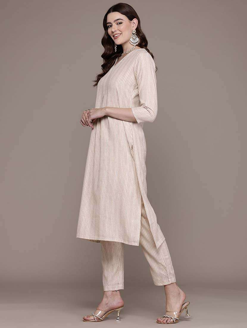 Women Stripes V Neck Kurta Pant Set