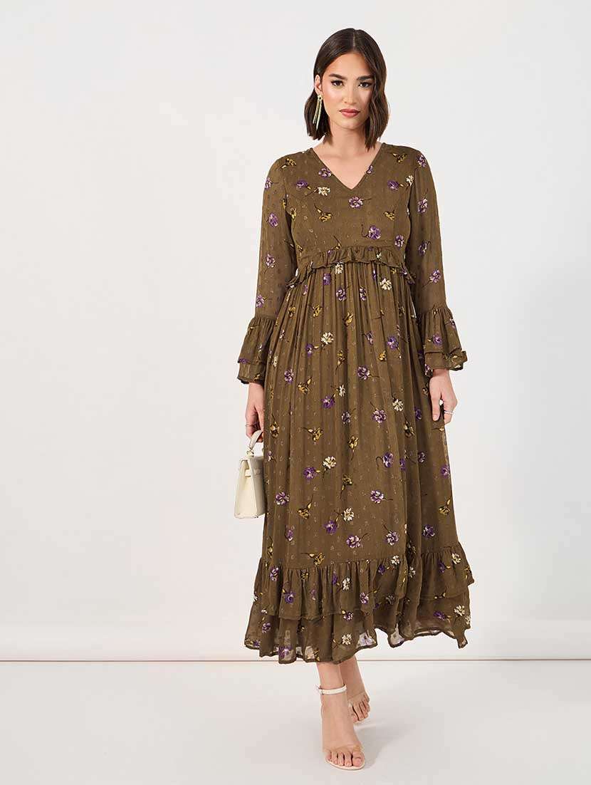 Women Floral Print Bell Sleeves Tiered Dress