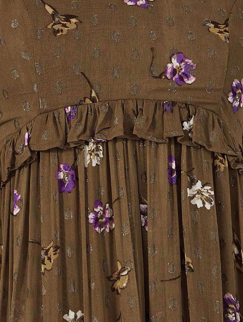 Women Floral Print Bell Sleeves Tiered Dress