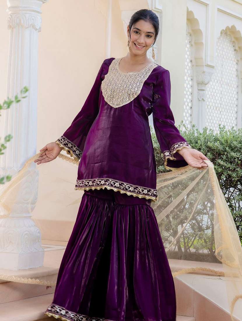 Women Purple Embroidered Kurta Sharara Set