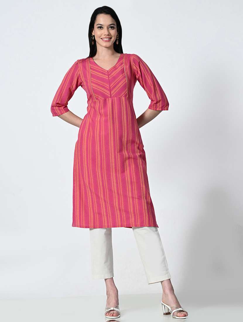 Womne Striped Elbow Sleeve Straight Kurta 
