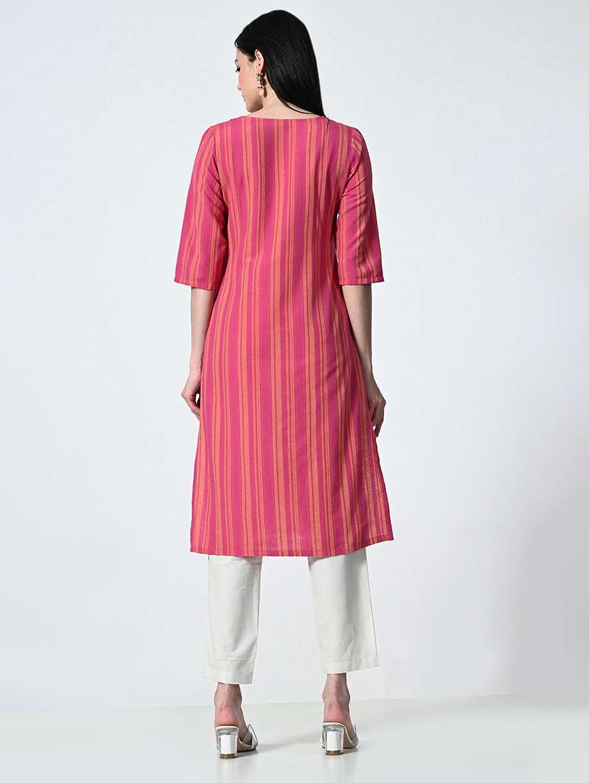 Womne Striped Elbow Sleeve Straight Kurta 