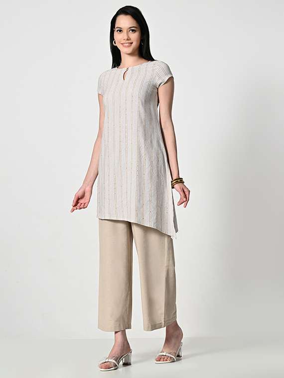 Women Beige Striped Short Sleeve Asymmetric Kurta
