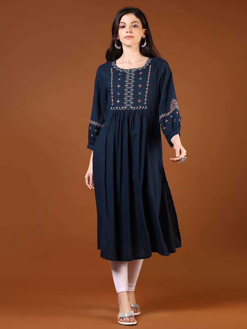 Women Navy Blue Three Quarter Sleeve A Line Kurta