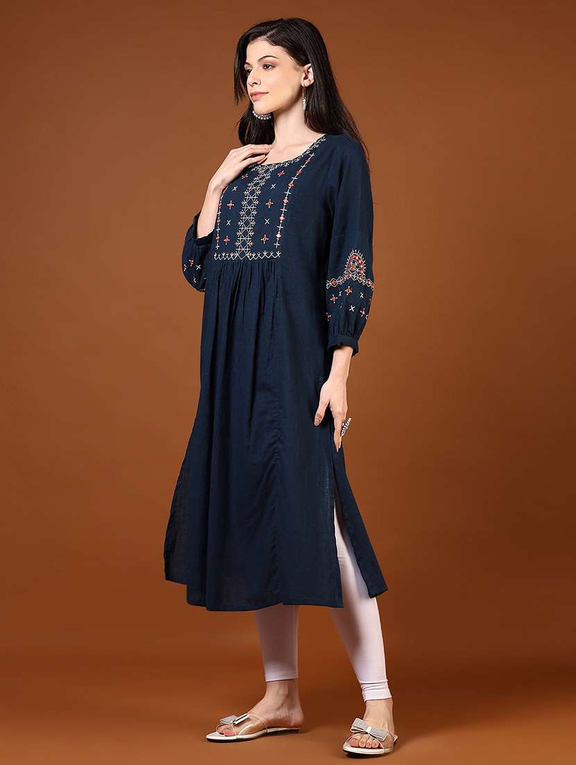 Women Navy Blue Three Quarter Sleeve A Line Kurta