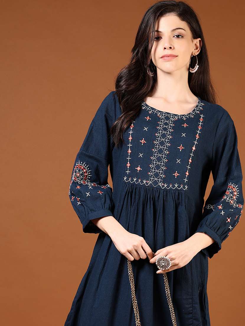 Women Navy Blue Three Quarter Sleeve A Line Kurta