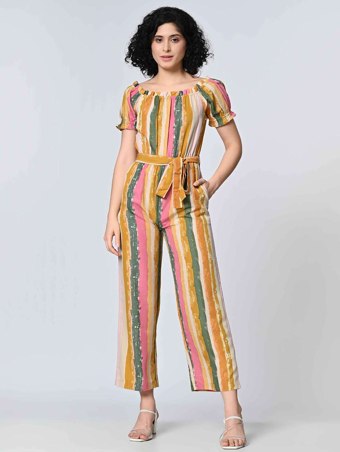 Women Striped Puff Sleeves Full Length Jumpsuit