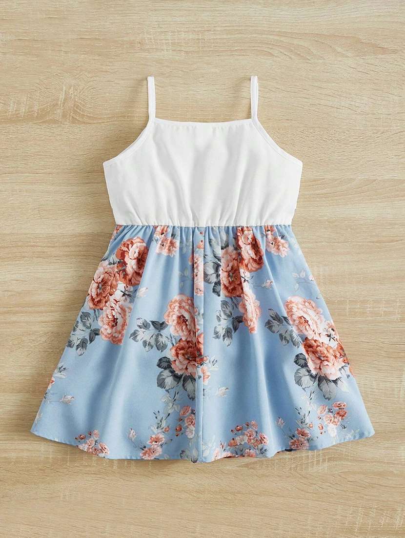 Girls Floral Printed Shoulder Strap Neck Frock