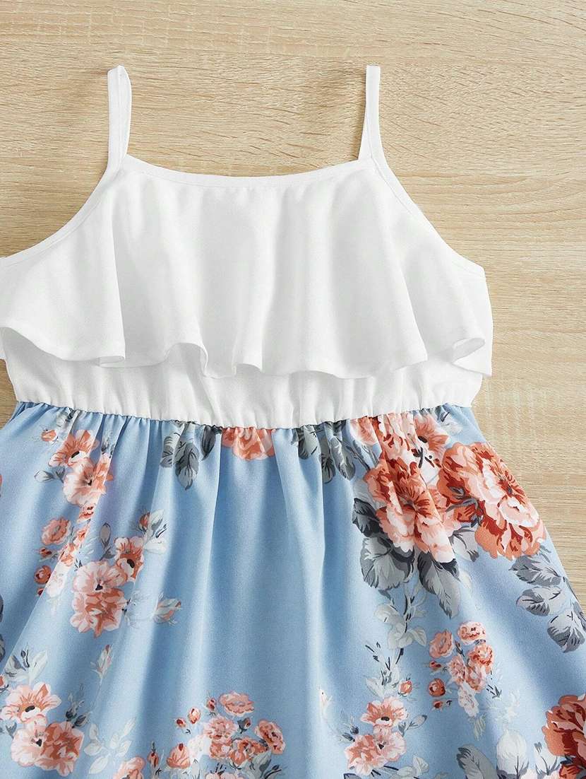 Girls Floral Printed Shoulder Strap Neck Frock
