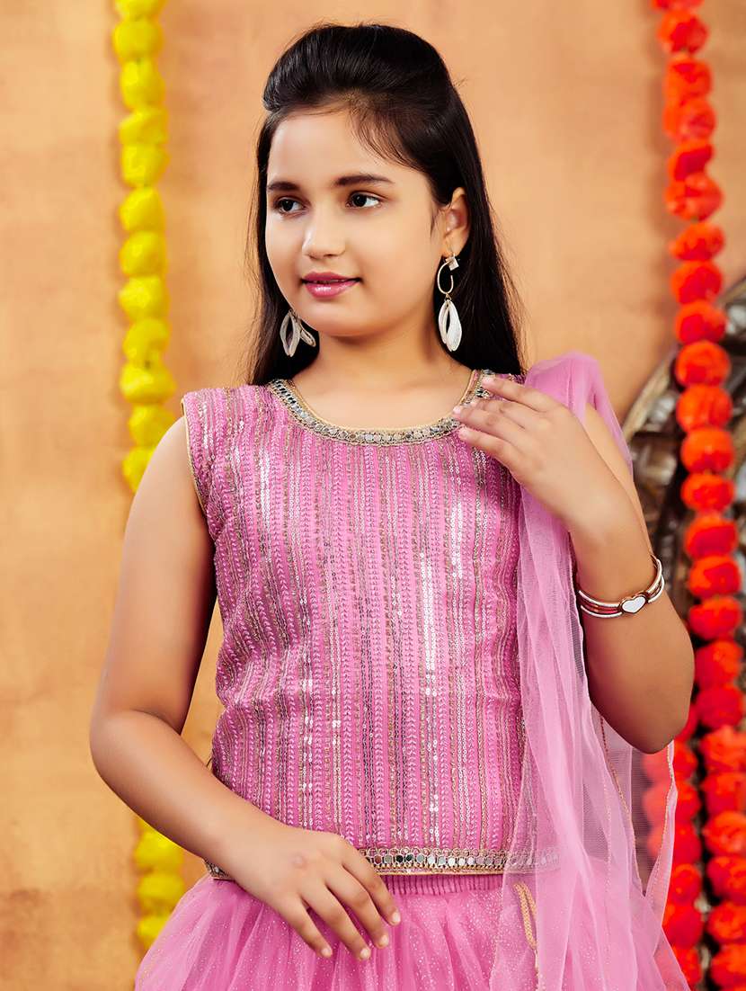 Girls Sequin Work Sleeveless Lehenga Choli With Dupatta