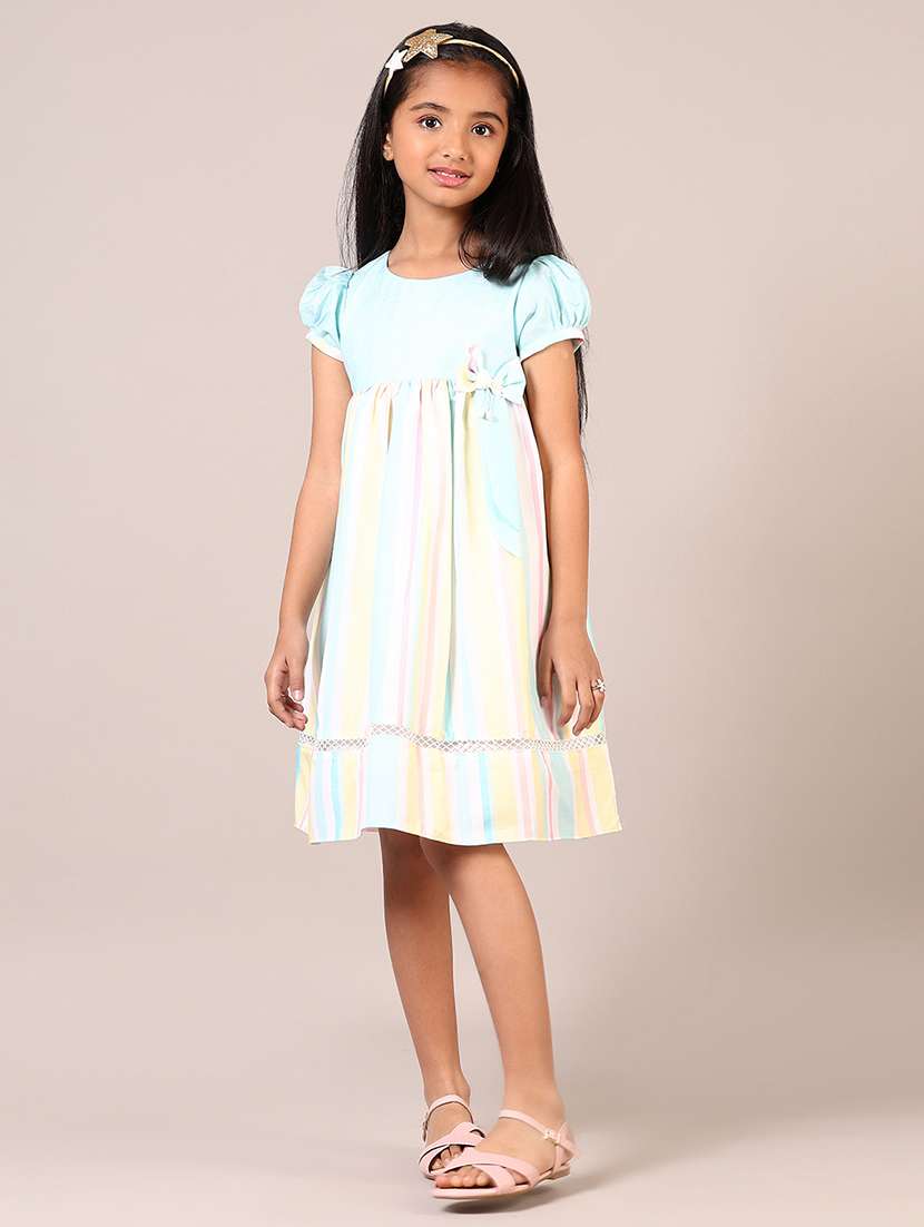 Girls Striped Puff Sleeves Frock